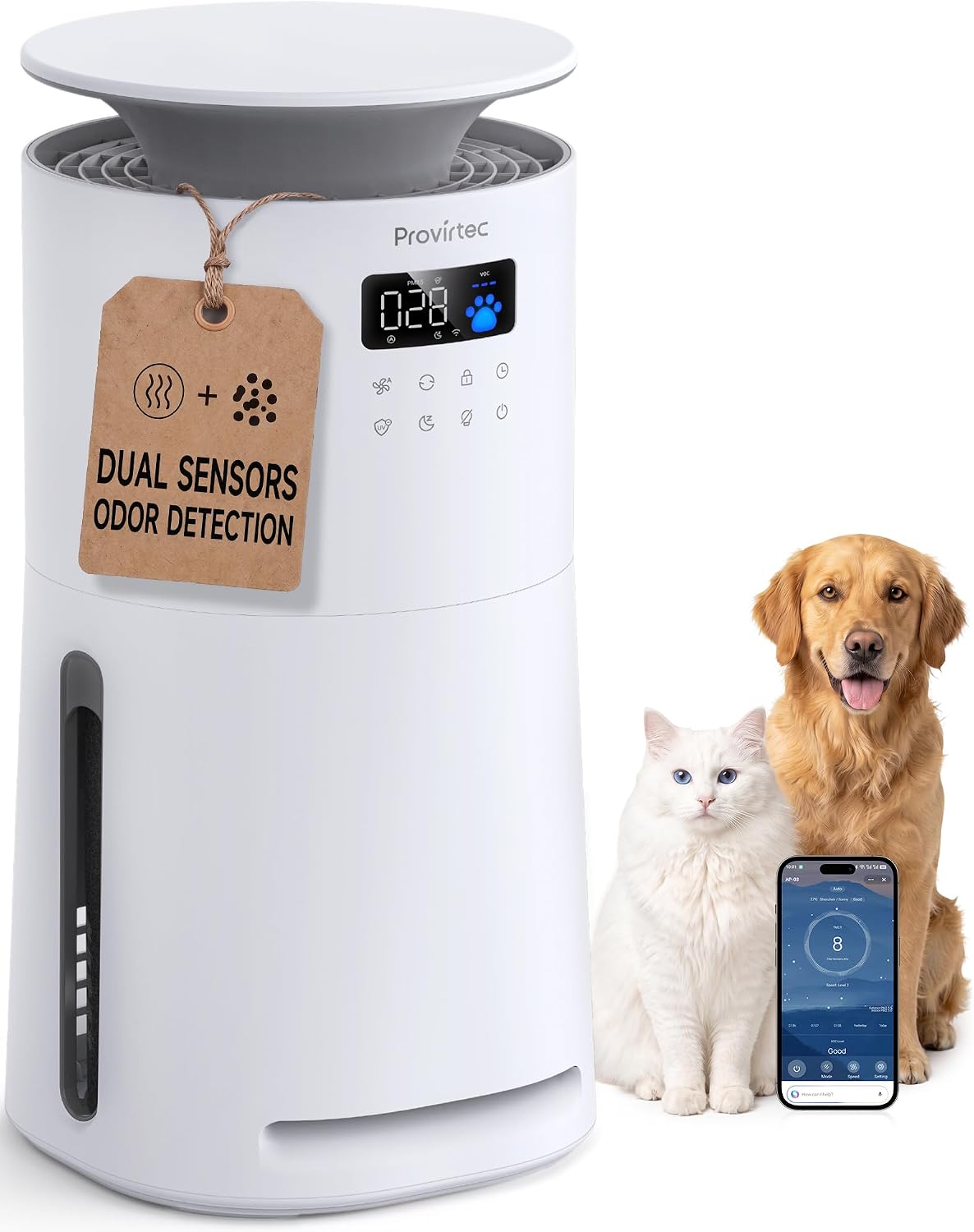 Provirtec Pet Air Purifier, Odor and PM2.5 Sensors, Dual Air Quality Lights
